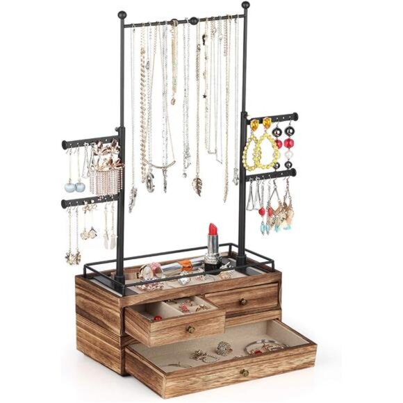 Jewelry Organizer - 2 Layer Wooden Jewelry Drawer Storage Box Jewelry Tree Stand